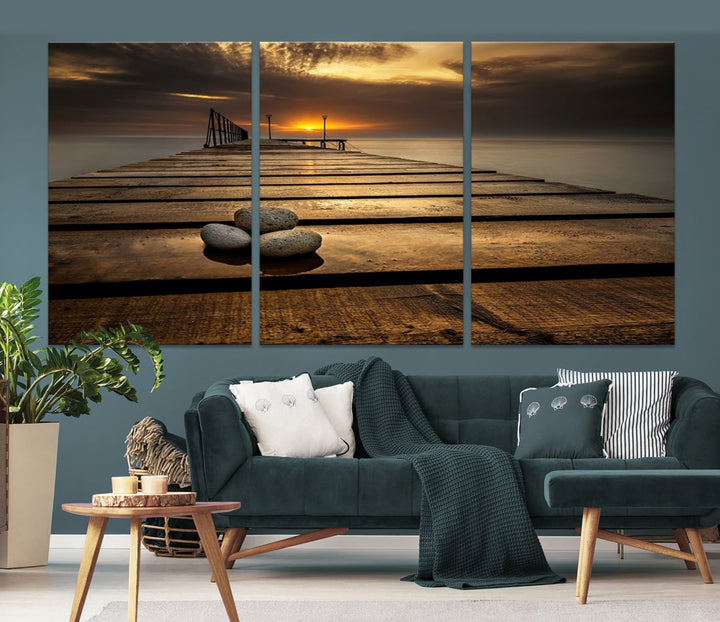 Stones on Wooden Pier at Sunset Large Canvas Wall Art Giclee Print