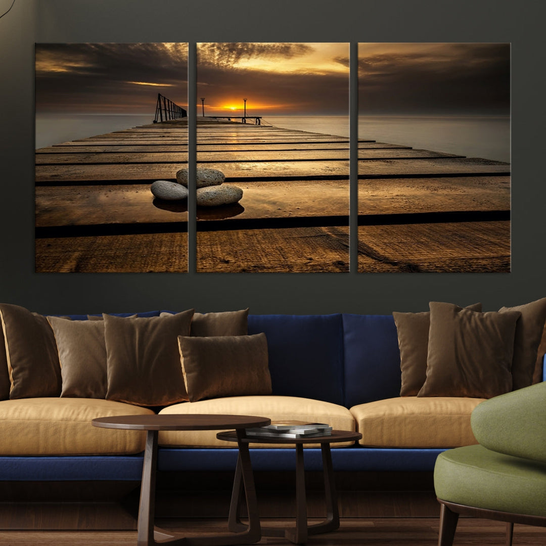 Stones on Wooden Pier at Sunset Large Canvas Wall Art Giclee Print