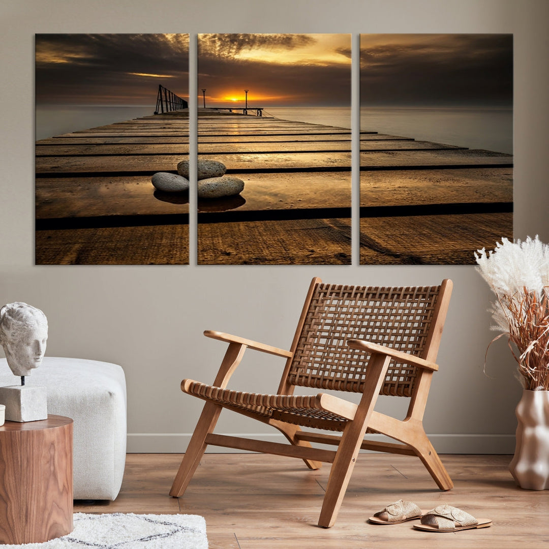 Stones on Wooden Pier at Sunset Large Canvas Wall Art Giclee Print