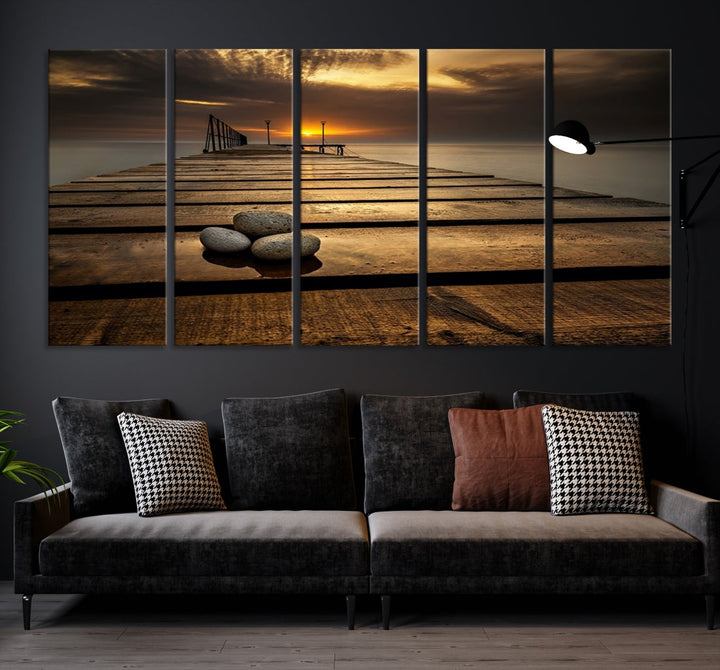 Stones on Wooden Pier at Sunset Large Canvas Wall Art Giclee Print