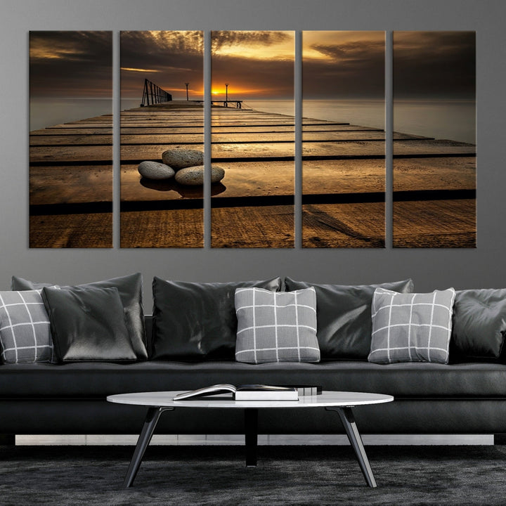 Stones on Wooden Pier at Sunset Large Canvas Wall Art Giclee Print