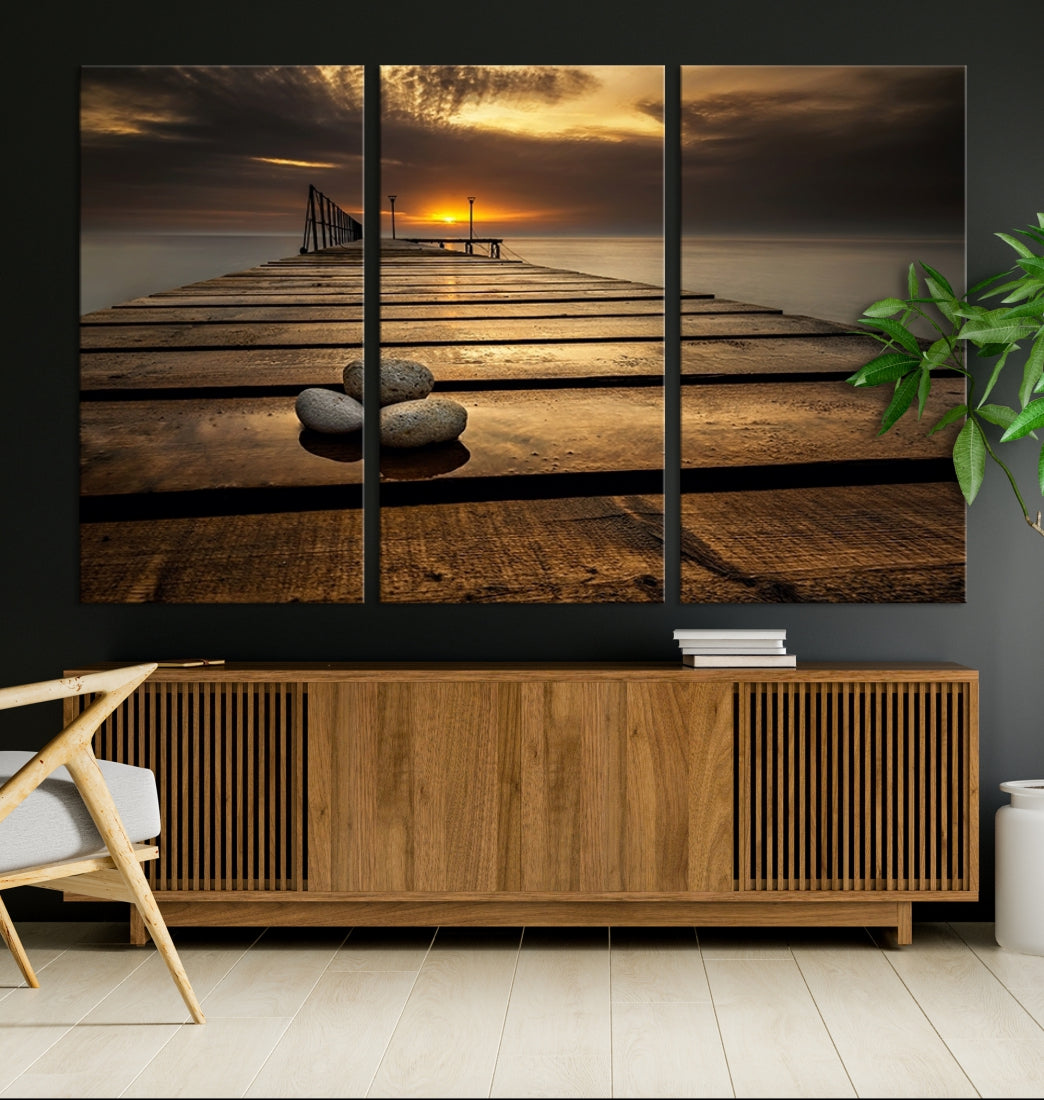 Stones on Wooden Pier at Sunset Large Canvas Wall Art Giclee Print