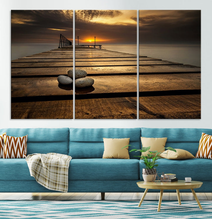 Stones on Wooden Pier at Sunset Large Canvas Wall Art Giclee Print