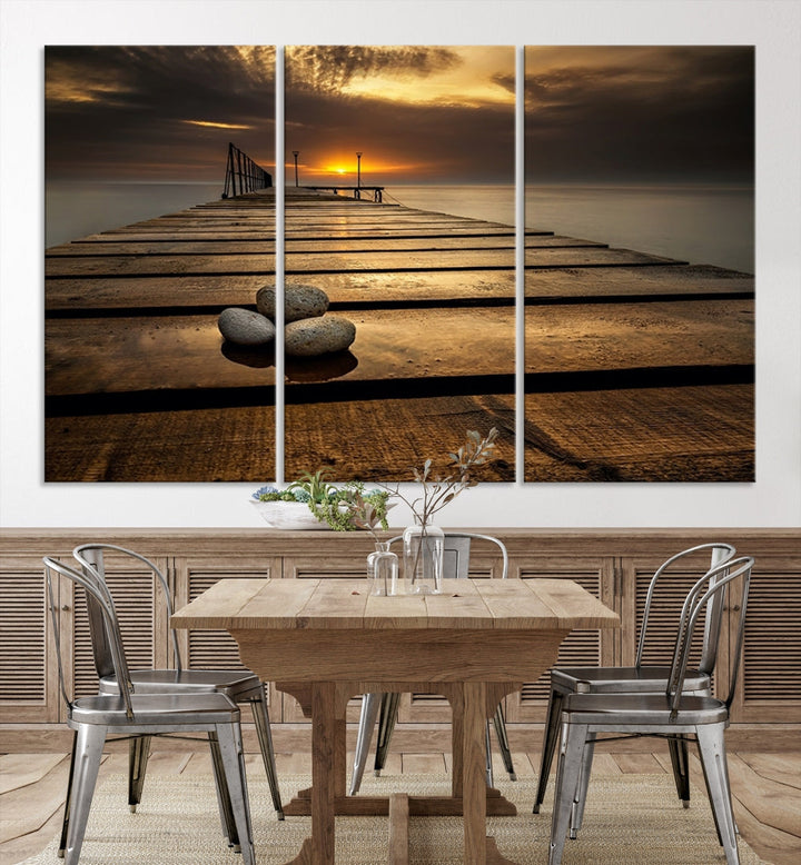 Stones on Wooden Pier at Sunset Large Canvas Wall Art Giclee Print