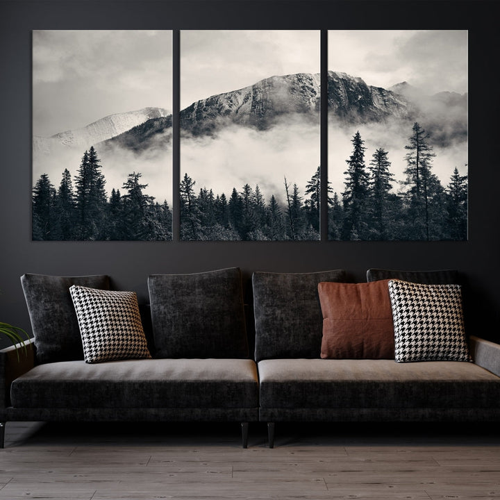 Stunning Nordic Mountain Landscape Foggy Forest Green Wall Art Framed Canvas Print