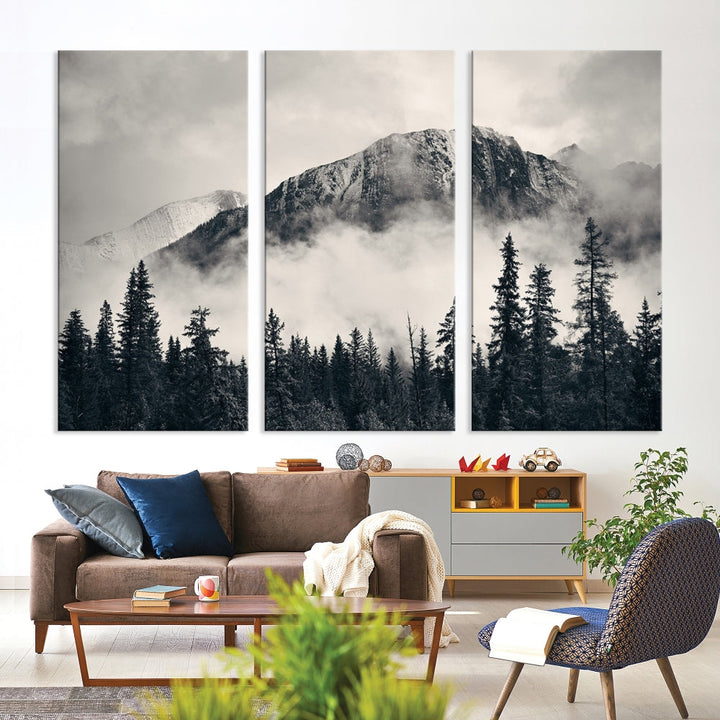 Stunning Nordic Mountain Landscape Foggy Forest Green Wall Art Framed Canvas Print