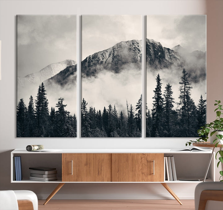 Stunning Nordic Mountain Landscape Foggy Forest Green Wall Art Framed Canvas Print