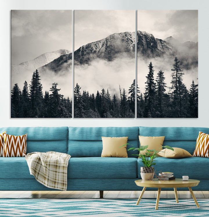 Stunning Nordic Mountain Landscape Foggy Forest Green Wall Art Framed Canvas Print