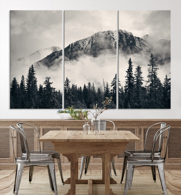 Stunning Nordic Mountain Landscape Foggy Forest Green Wall Art Framed Canvas Print