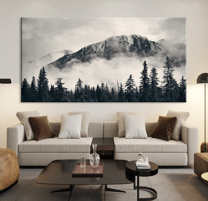 Stunning Nordic Mountain Landscape Foggy Forest Green Wall Art Framed Canvas Print