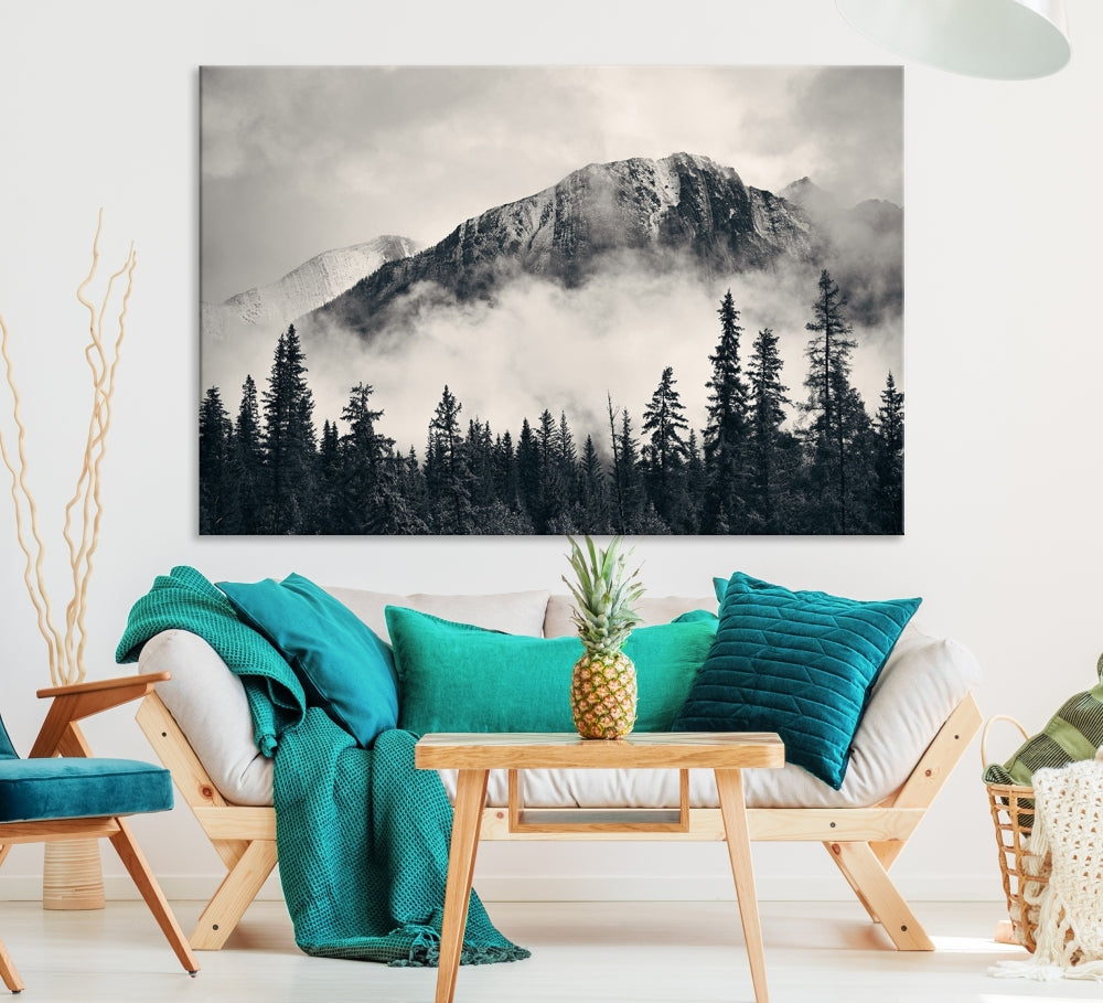 Stunning Nordic Mountain Landscape Foggy Forest Green Wall Art Framed Canvas Print