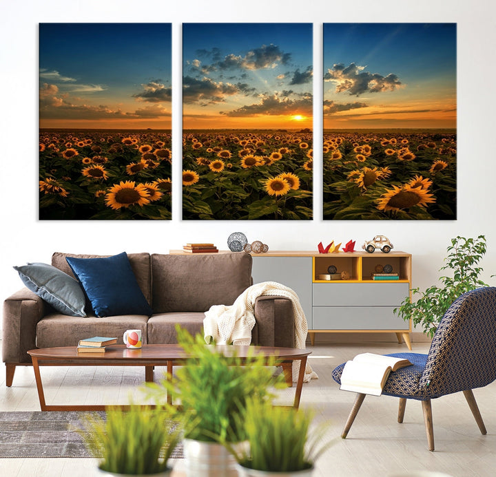 Sunflower Field and Sunset Large Wall Art Canvas Print for Living Room Decor