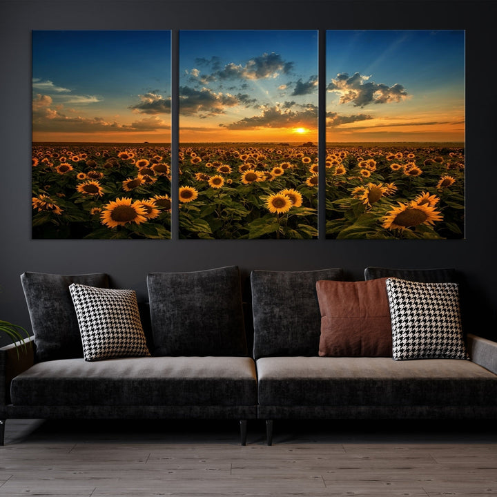 Sunflower Field and Sunset Large Wall Art Canvas Print for Living Room Decor