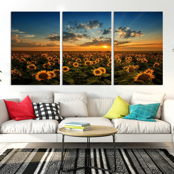 Sunflower Field and Sunset Large Wall Art Canvas Print for Living Room Decor