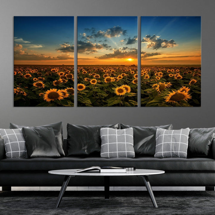 Sunflower Field and Sunset Large Wall Art Canvas Print for Living Room Decor