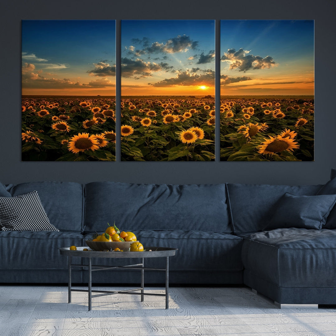 Sunflower Field and Sunset Large Wall Art Canvas Print for Living Room Decor