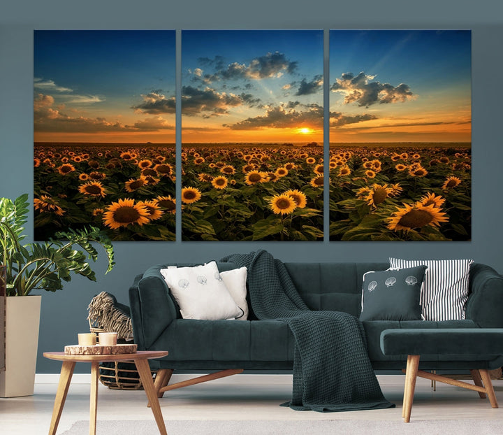 Sunflower Field and Sunset Large Wall Art Canvas Print for Living Room Decor