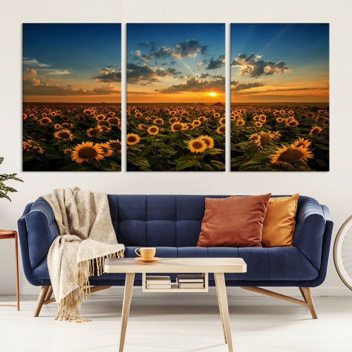 Sunflower Field and Sunset Large Wall Art Canvas Print for Living Room Decor