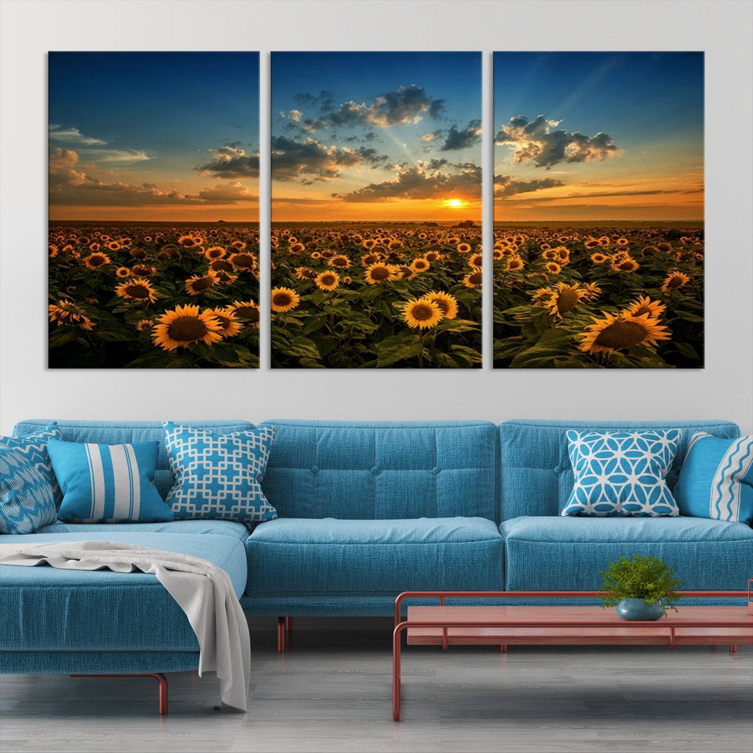 Sunflower Field and Sunset Large Wall Art Canvas Print for Living Room Decor