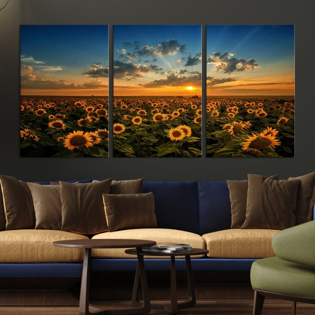 Sunflower Field and Sunset Large Wall Art Canvas Print for Living Room Decor