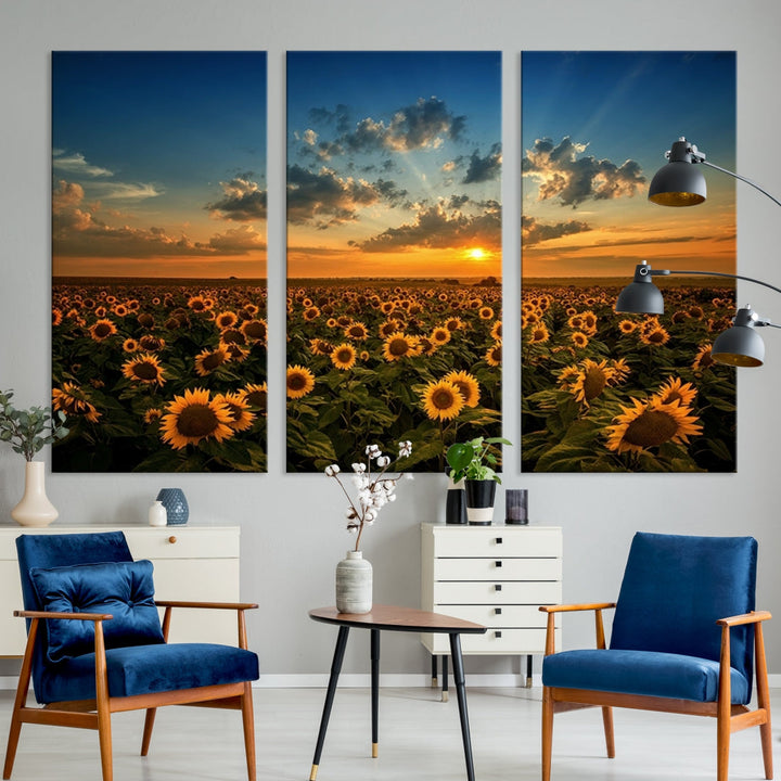 Sunflower Field and Sunset Large Wall Art Canvas Print for Living Room Decor