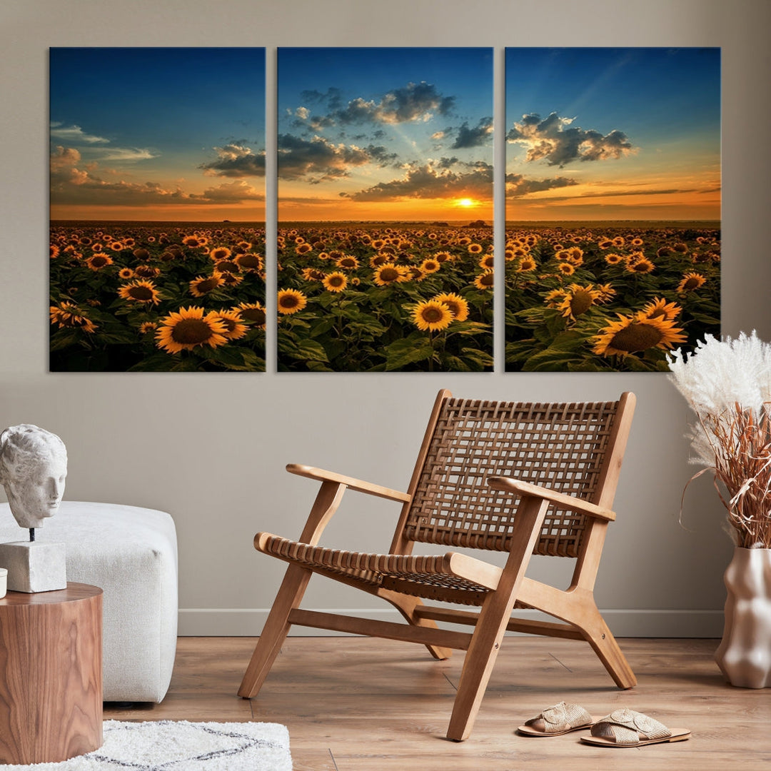 Sunflower Field and Sunset Large Wall Art Canvas Print for Living Room Decor