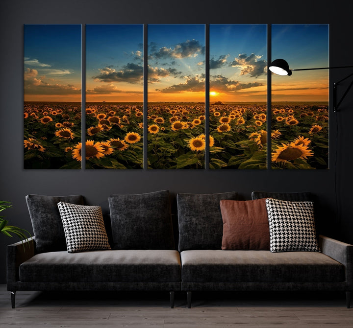 Sunflower Field and Sunset Large Wall Art Canvas Print for Living Room Decor