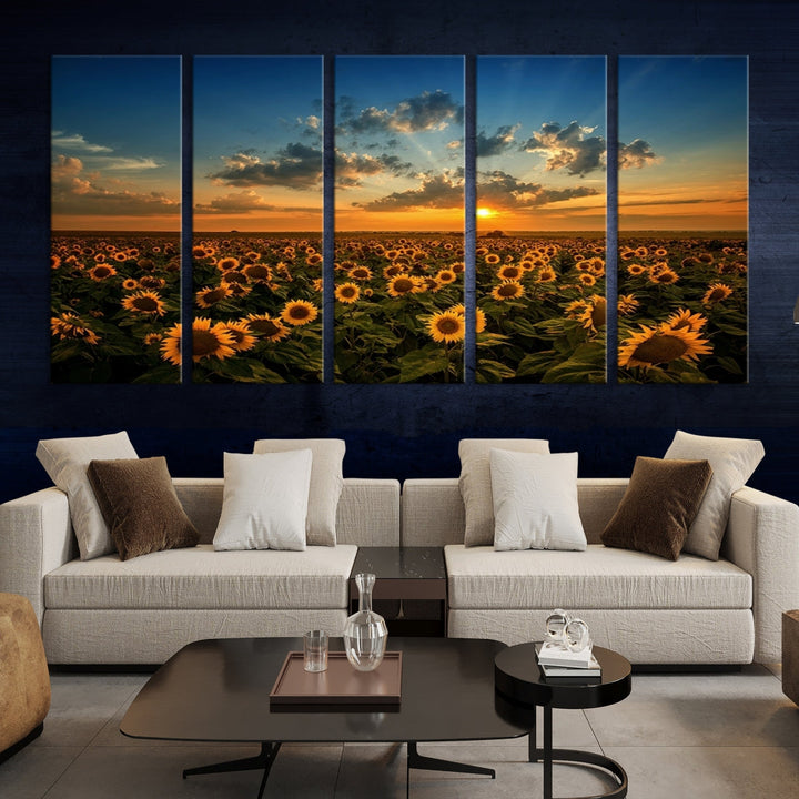 Sunflower Field and Sunset Large Wall Art Canvas Print for Living Room Decor