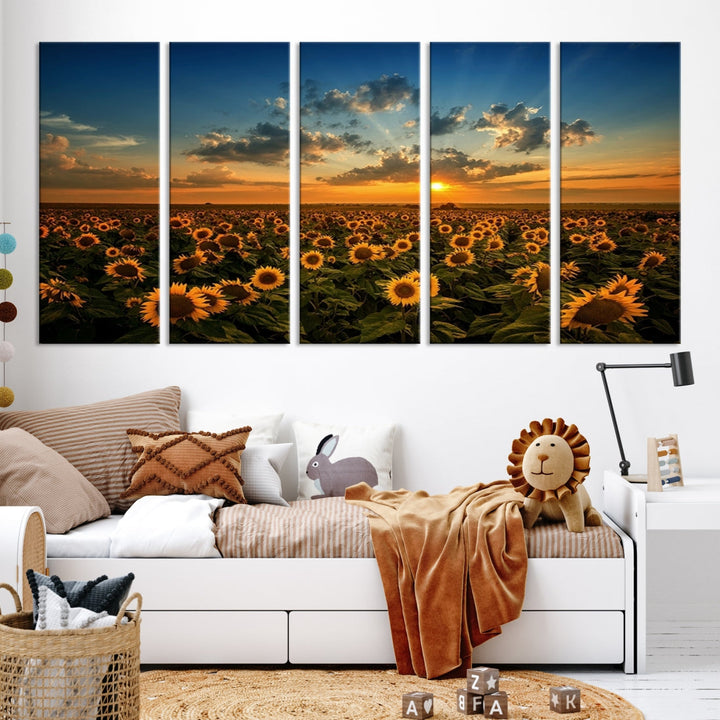 Sunflower Field and Sunset Large Wall Art Canvas Print for Living Room Decor