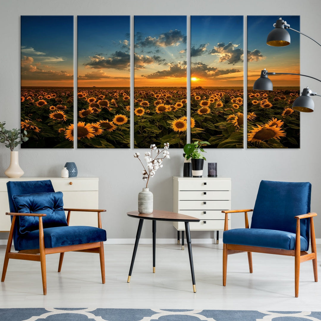 Sunflower Field and Sunset Large Wall Art Canvas Print for Living Room Decor