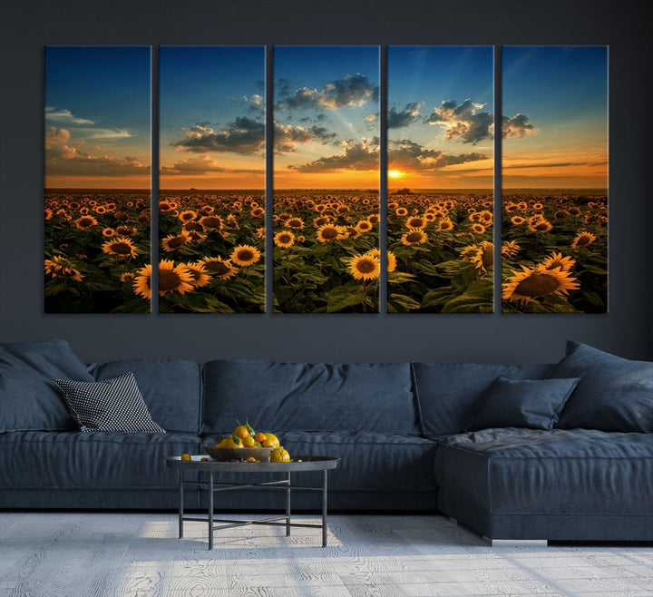 Sunflower Field and Sunset Large Wall Art Canvas Print for Living Room Decor