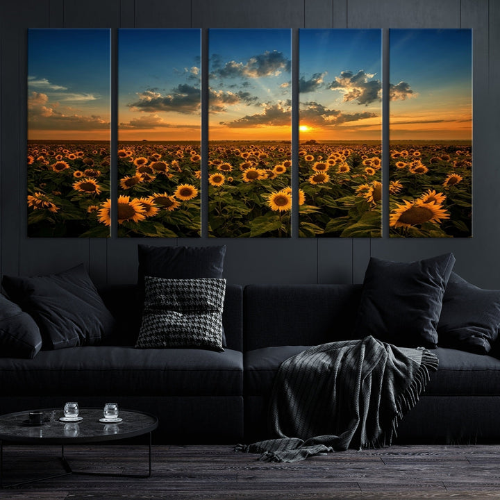 Sunflower Field and Sunset Large Wall Art Canvas Print for Living Room Decor