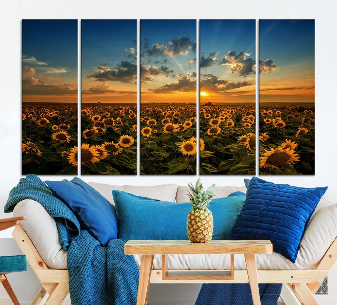 Sunflower Field and Sunset Large Wall Art Canvas Print for Living Room Decor