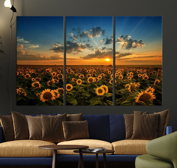 Sunflower Field and Sunset Large Wall Art Canvas Print for Living Room Decor