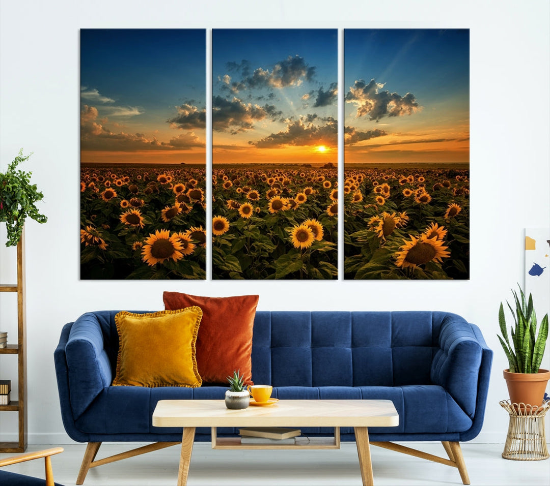 Sunflower Field and Sunset Large Wall Art Canvas Print for Living Room Decor