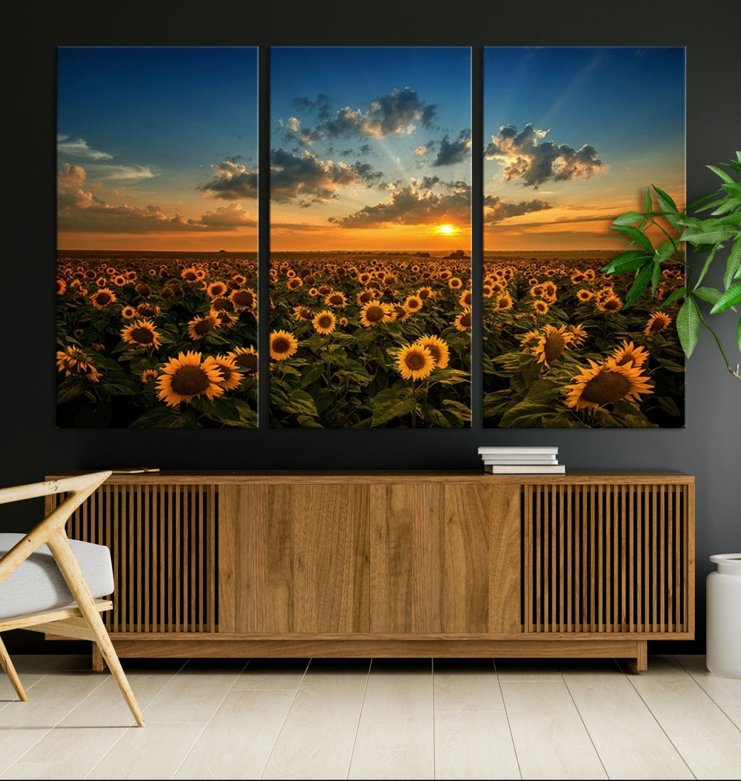 Sunflower Field and Sunset Large Wall Art Canvas Print for Living Room Decor