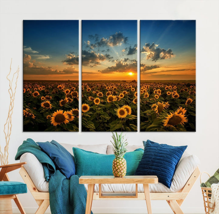 Sunflower Field and Sunset Large Wall Art Canvas Print for Living Room Decor