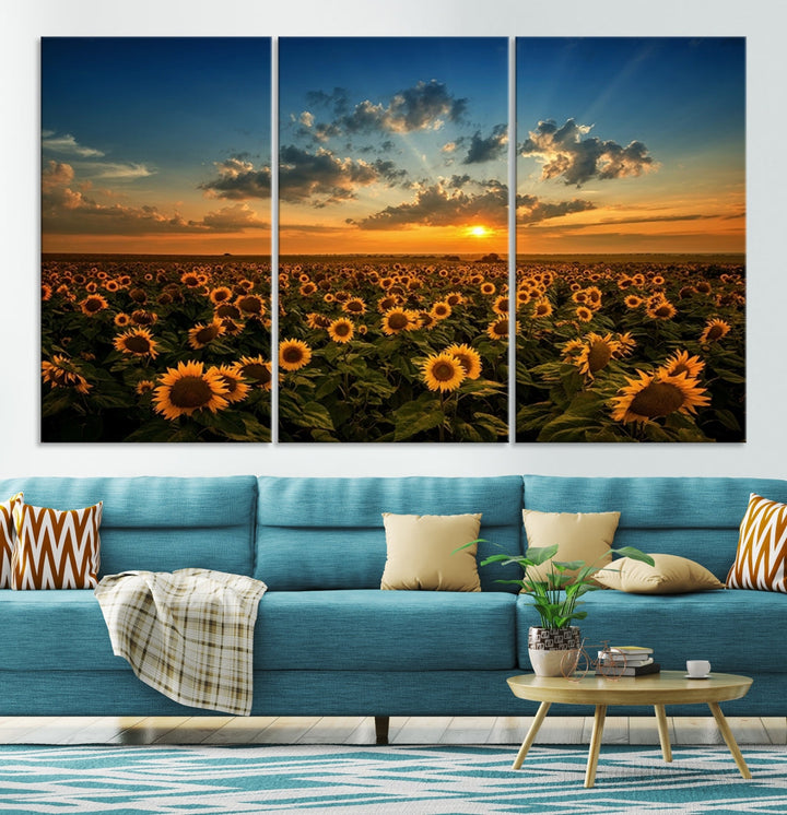 Sunflower Field and Sunset Large Wall Art Canvas Print for Living Room Decor