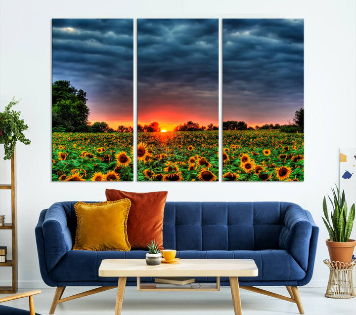 Sunflower Field Sunset Canvas Wall Art Print - Vibrant Landscape with Dramatic Sky Print for Living Room, Farmhouse, Office, Ready to Hang Wall Decor