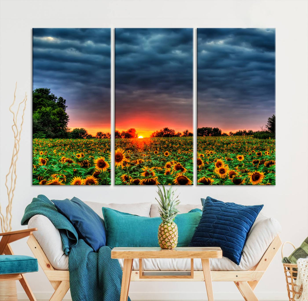 Sunflower Field Sunset Canvas Wall Art Print - Vibrant Landscape with Dramatic Sky Print for Living Room, Farmhouse, Office, Ready to Hang Wall Decor