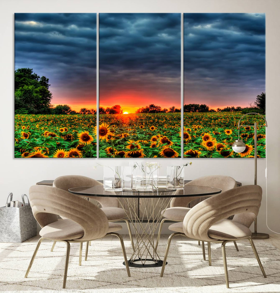 Sunflower Field Sunset Canvas Wall Art Print - Vibrant Landscape with Dramatic Sky Print for Living Room, Farmhouse, Office, Ready to Hang Wall Decor