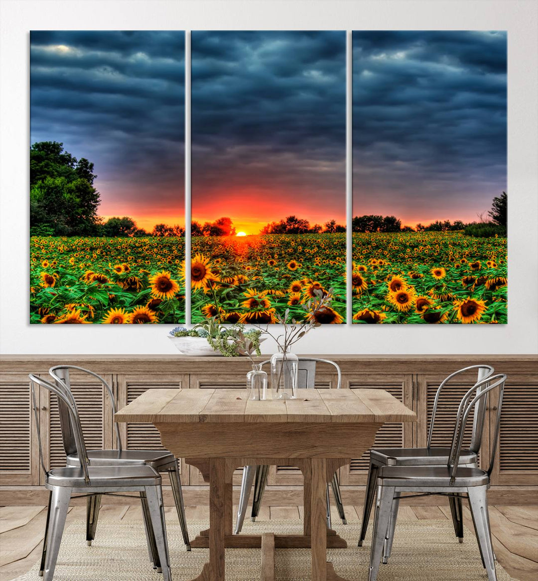 Sunflower Field Sunset Canvas Wall Art Print - Vibrant Landscape with Dramatic Sky Print for Living Room, Farmhouse, Office, Ready to Hang Wall Decor