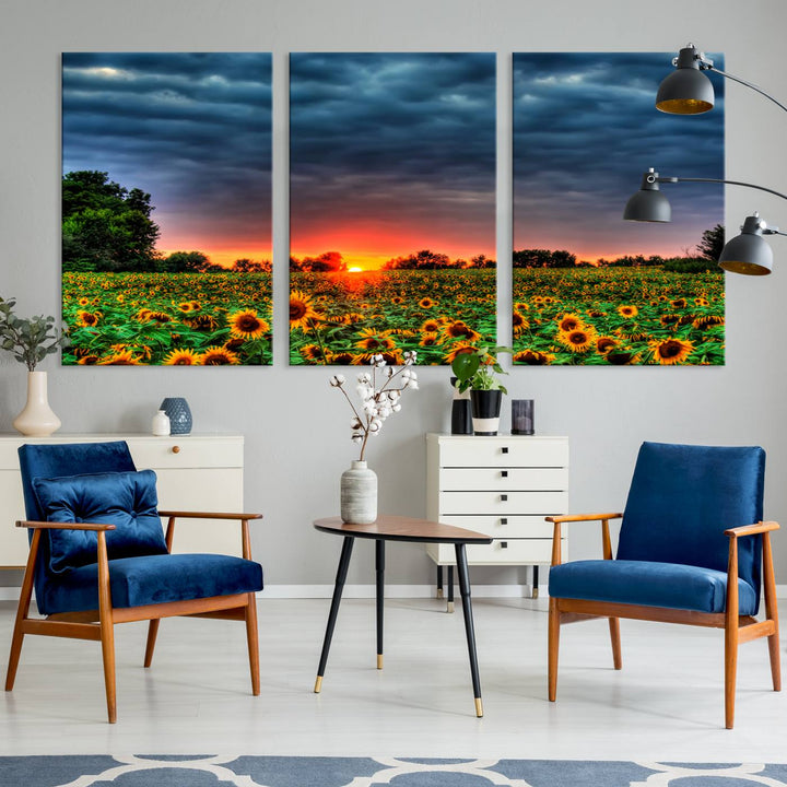 Sunflower Field Sunset Canvas Wall Art Print - Vibrant Landscape with Dramatic Sky Print for Living Room, Farmhouse, Office, Ready to Hang Wall Decor