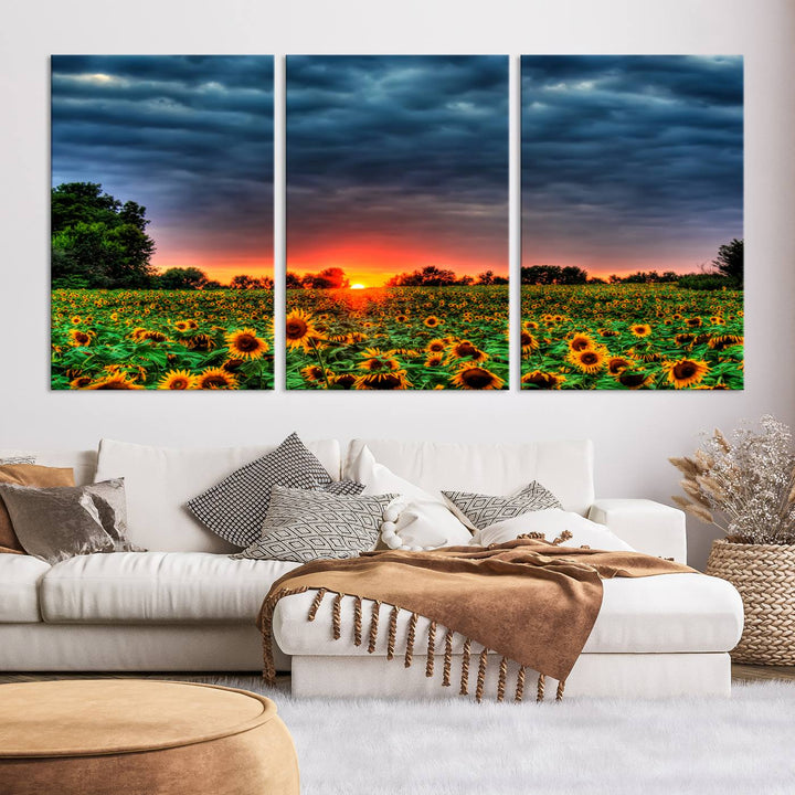 Sunflower Field Sunset Canvas Wall Art Print - Vibrant Landscape with Dramatic Sky Print for Living Room, Farmhouse, Office, Ready to Hang Wall Decor