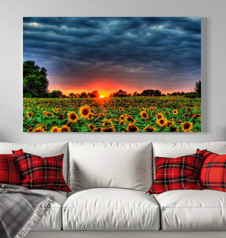 Sunflower Field Sunset Canvas Wall Art Print - Vibrant Landscape with Dramatic Sky Print for Living Room, Farmhouse, Office, Ready to Hang Wall Decor