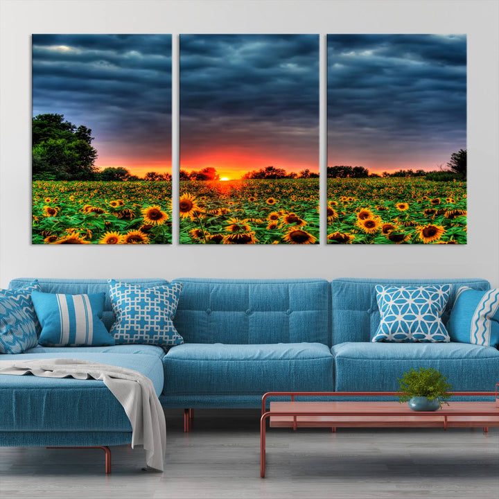 Sunflower Field Sunset Canvas Wall Art Print - Vibrant Landscape with Dramatic Sky Print for Living Room, Farmhouse, Office, Ready to Hang Wall Decor