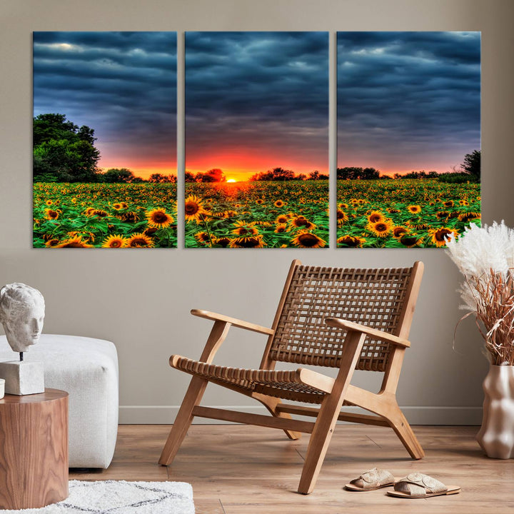 Sunflower Field Sunset Canvas Wall Art Print - Vibrant Landscape with Dramatic Sky Print for Living Room, Farmhouse, Office, Ready to Hang Wall Decor