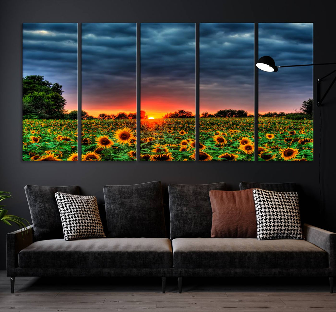 Sunflower Field Sunset Canvas Wall Art Print - Vibrant Landscape with Dramatic Sky Print for Living Room, Farmhouse, Office, Ready to Hang Wall Decor