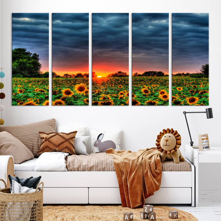 Sunflower Field Sunset Canvas Wall Art Print - Vibrant Landscape with Dramatic Sky Print for Living Room, Farmhouse, Office, Ready to Hang Wall Decor