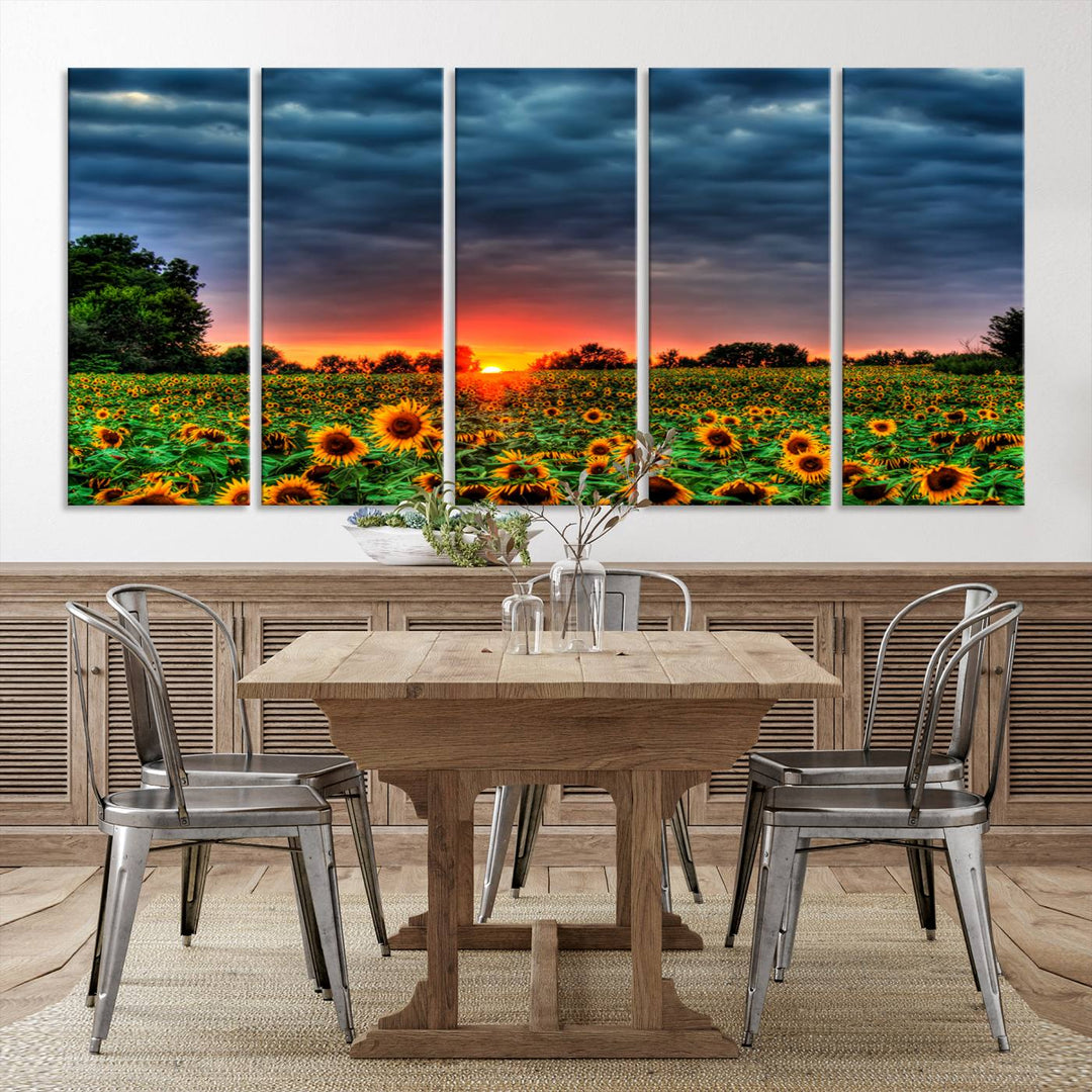 Sunflower Field Sunset Canvas Wall Art Print - Vibrant Landscape with Dramatic Sky Print for Living Room, Farmhouse, Office, Ready to Hang Wall Decor